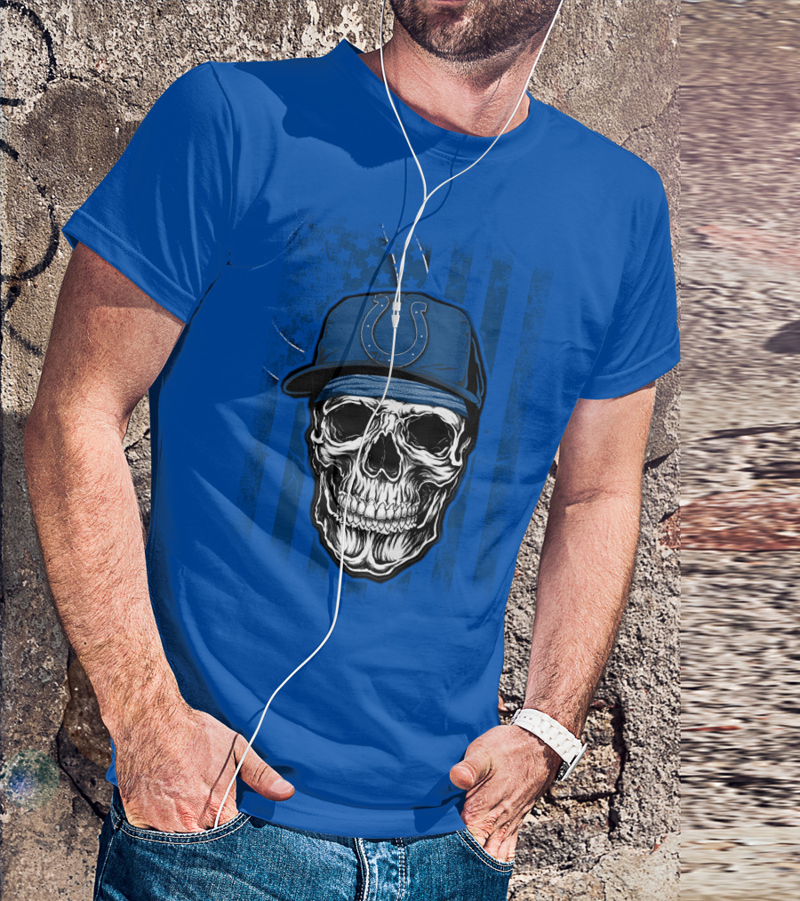 Skull Indianapolis Colts Blue Cap American Flag Background T-Shirt