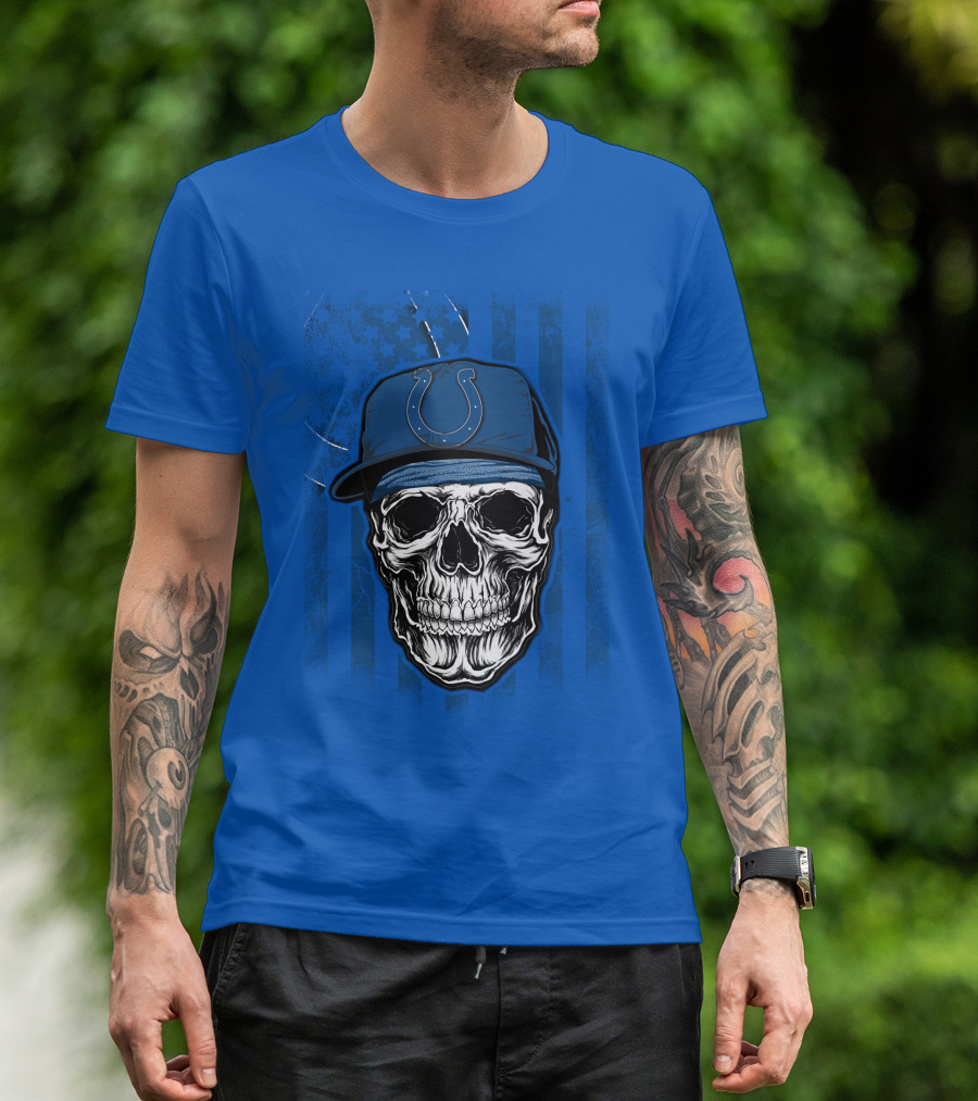 Skull Indianapolis Colts Blue Cap American Flag Background T-Shirt