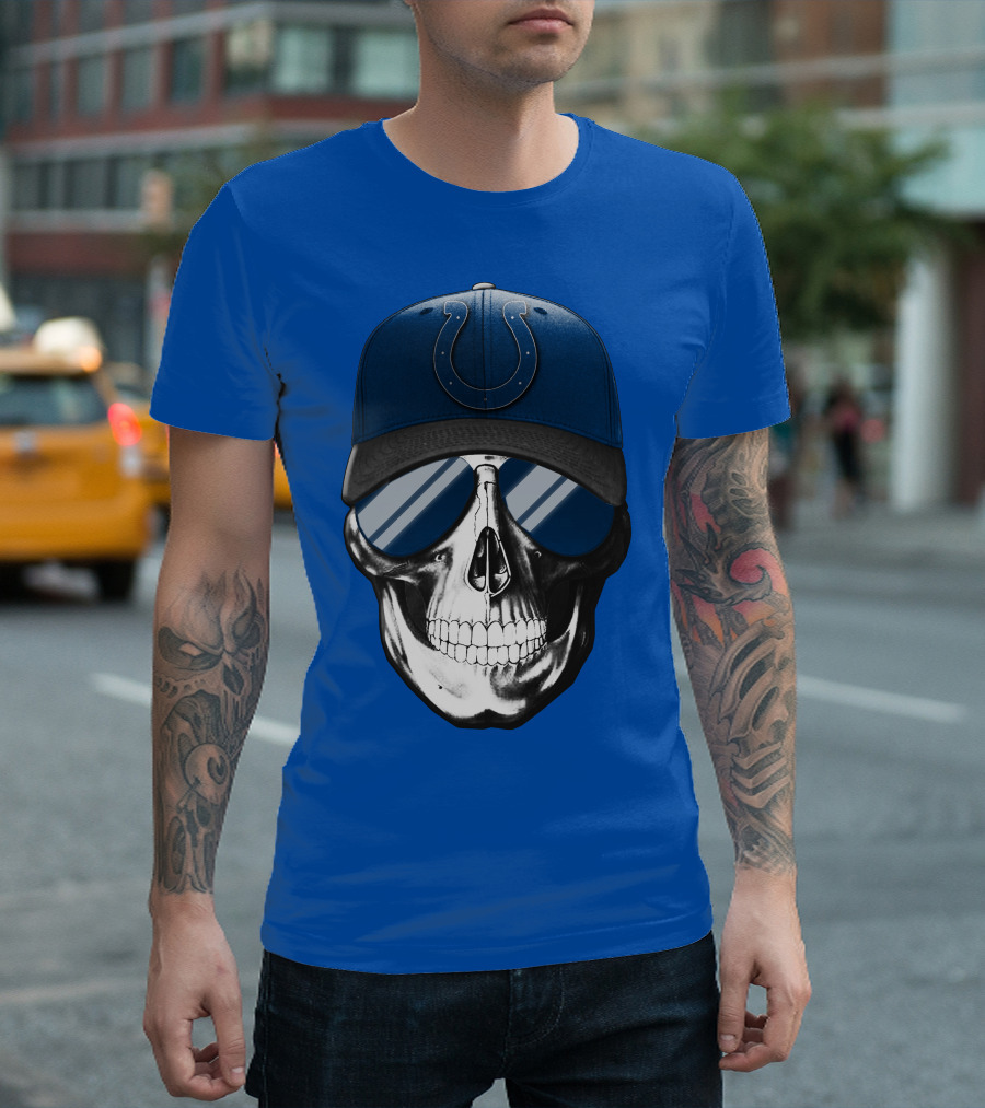 Skull Wearing Indianapolis Colts Cap With Sunglasses T-Shirt