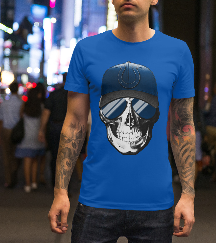 Skull Wearing Indianapolis Colts Cap With Sunglasses T-Shirt