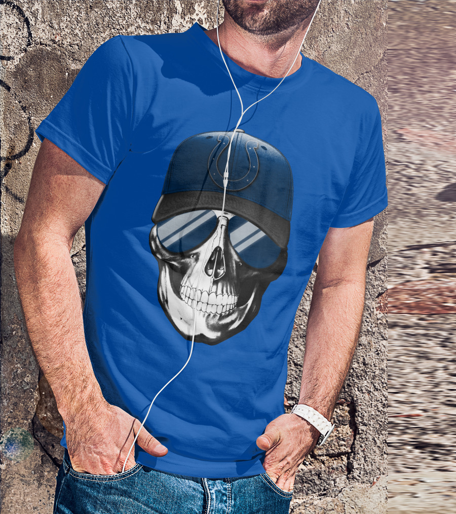 Skull Wearing Indianapolis Colts Cap With Sunglasses T-Shirt