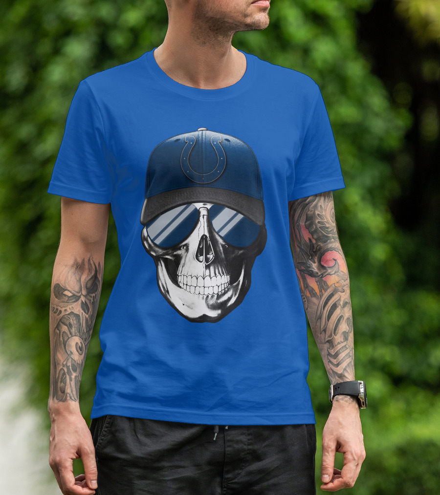 Skull Wearing Indianapolis Colts Cap With Sunglasses T-Shirt