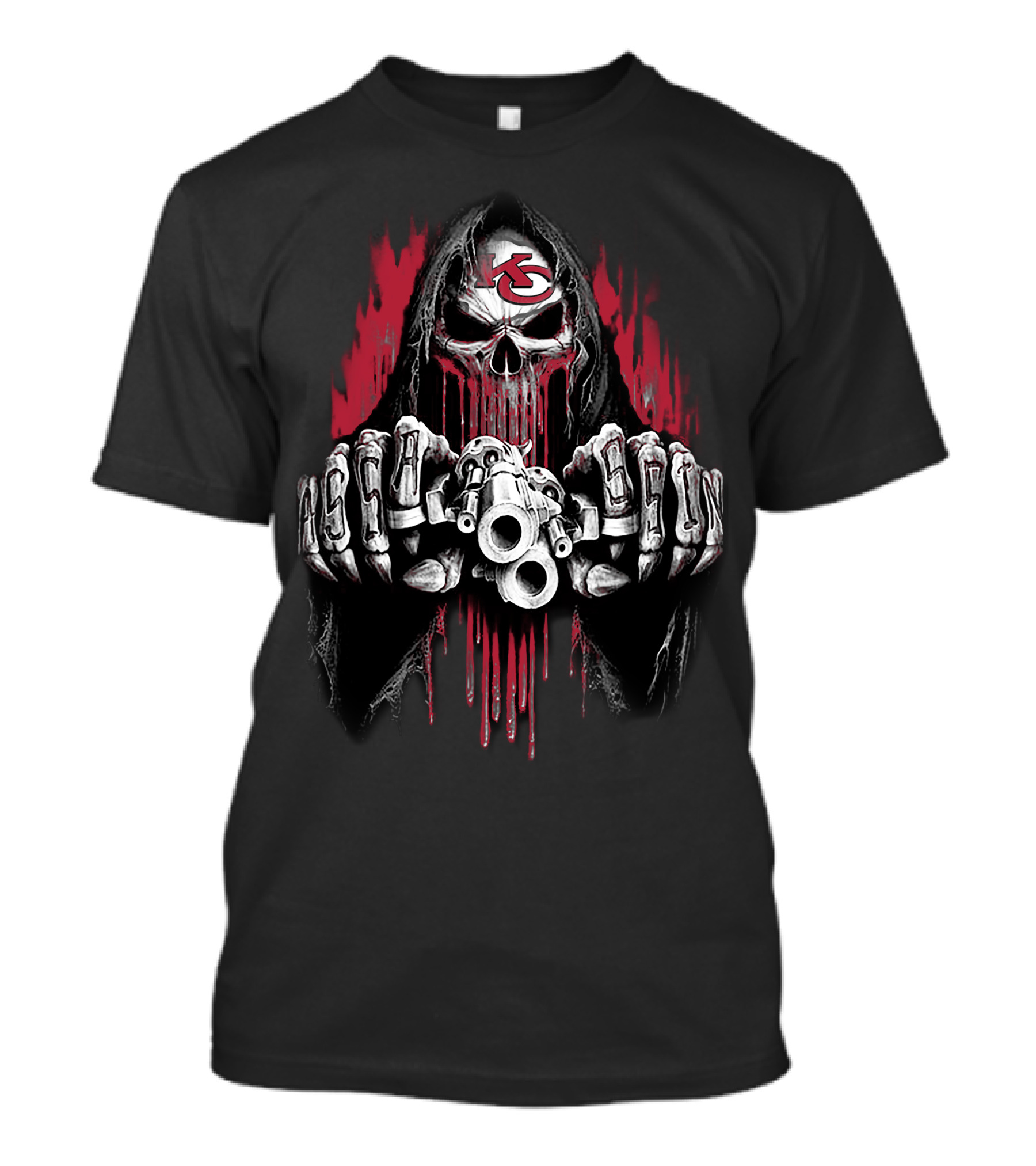 Kansas City Chiefs Grim Reaper With Knuckle Lettering And Skull T-Shirt
