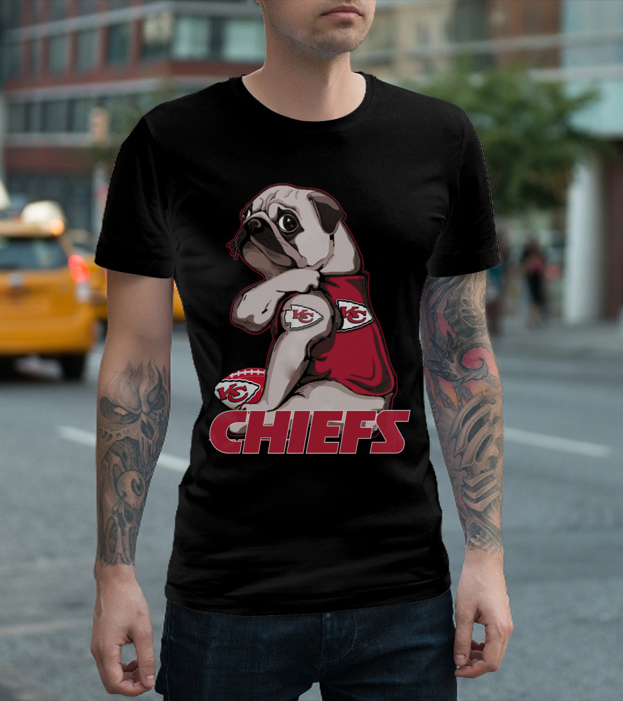 Pug Wearing Kansas City Chiefs Jersey with Football T-Shirt