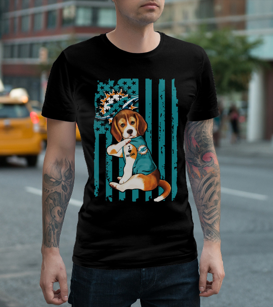 Beagle I Love Mom Miami Dolphins Football Flag T-Shirt