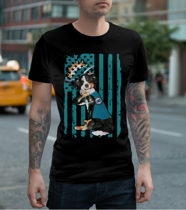Border Collie I Love Mom Wearing Miami Dolphins Fan Shirt With Flag T-Shirt