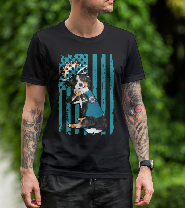 Border Collie I Love Mom Wearing Miami Dolphins Fan Shirt With Flag T-Shirt