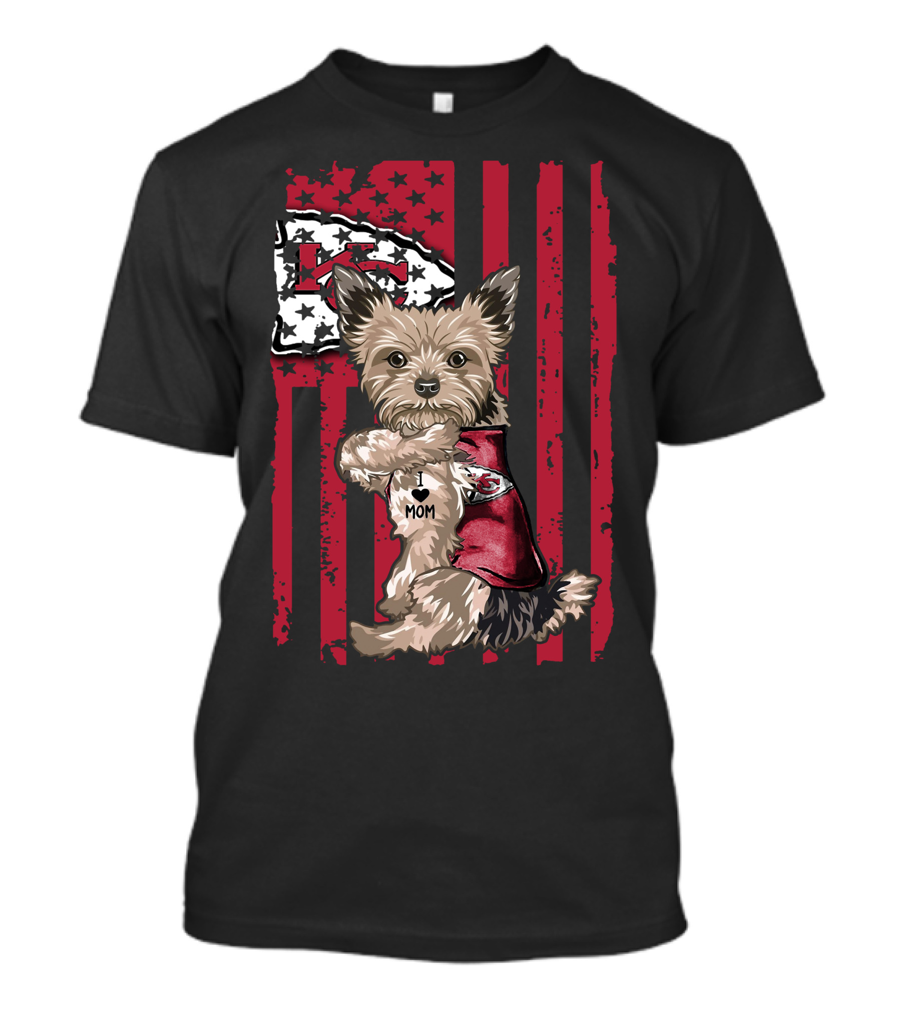 Yorkshire Terrier I Love Mom Kansas City Chiefs American Flag T-Shirt
