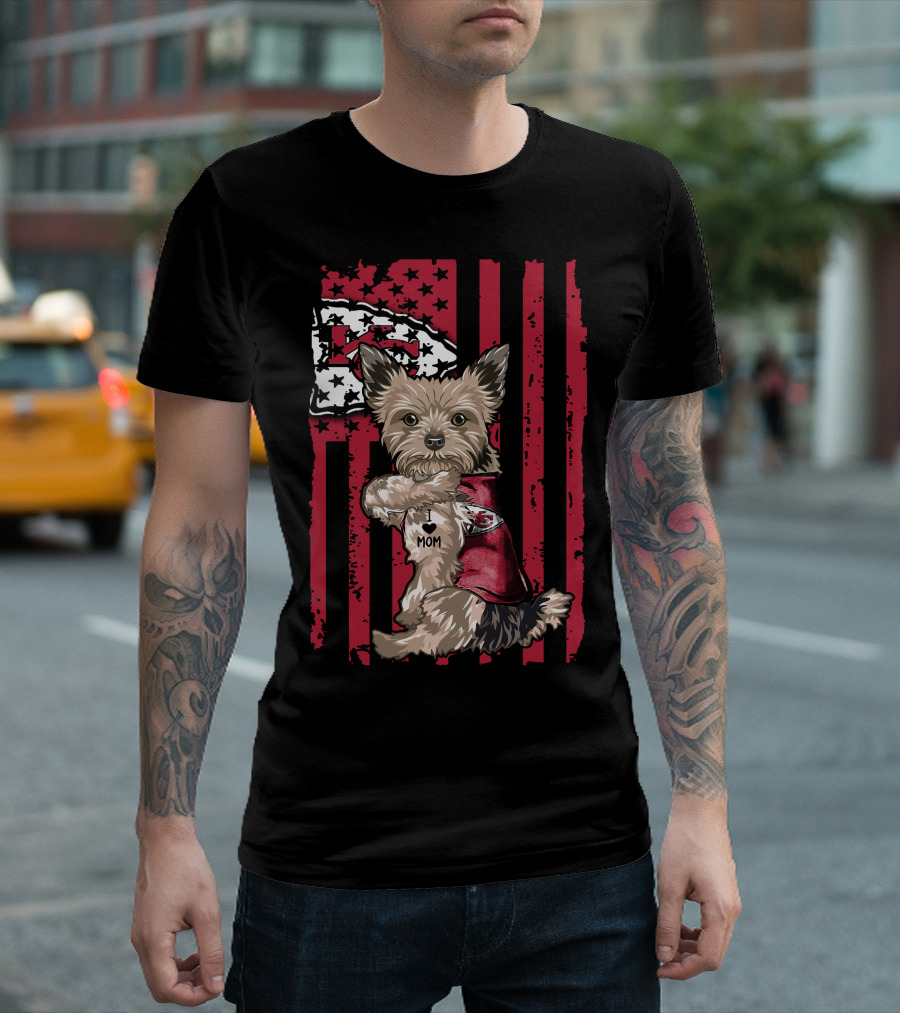 Yorkshire Terrier I Love Mom Kansas City Chiefs American Flag T-Shirt