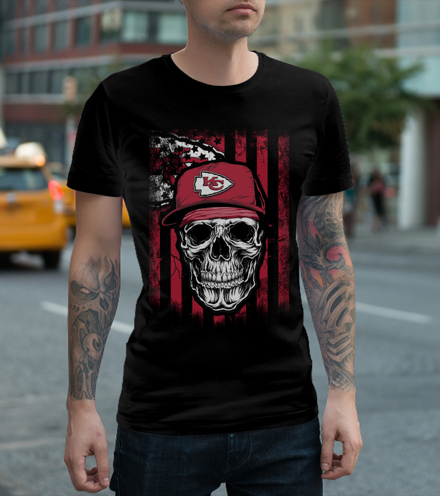 Kansas City Chiefs Skull with Red Cap and Flag Background T-Shirt