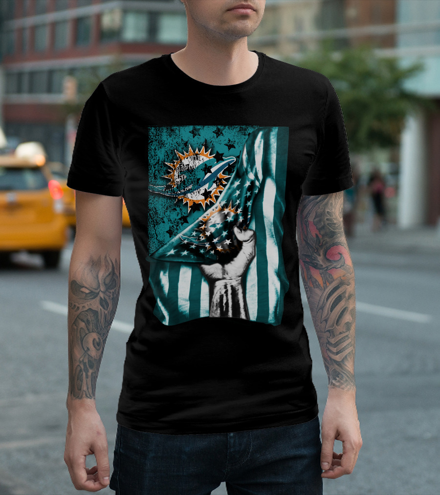 Flag V1 Miami Dolphins Stars And Stripes Fist T-Shirt