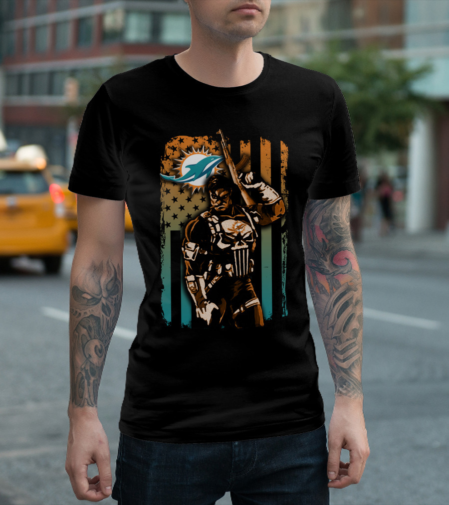 Miami Dolphins 48 Punisher Stars Stripes Crossover T-Shirt