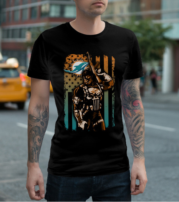 Miami Dolphins 48 Punisher Stars Stripes Crossover T-Shirt