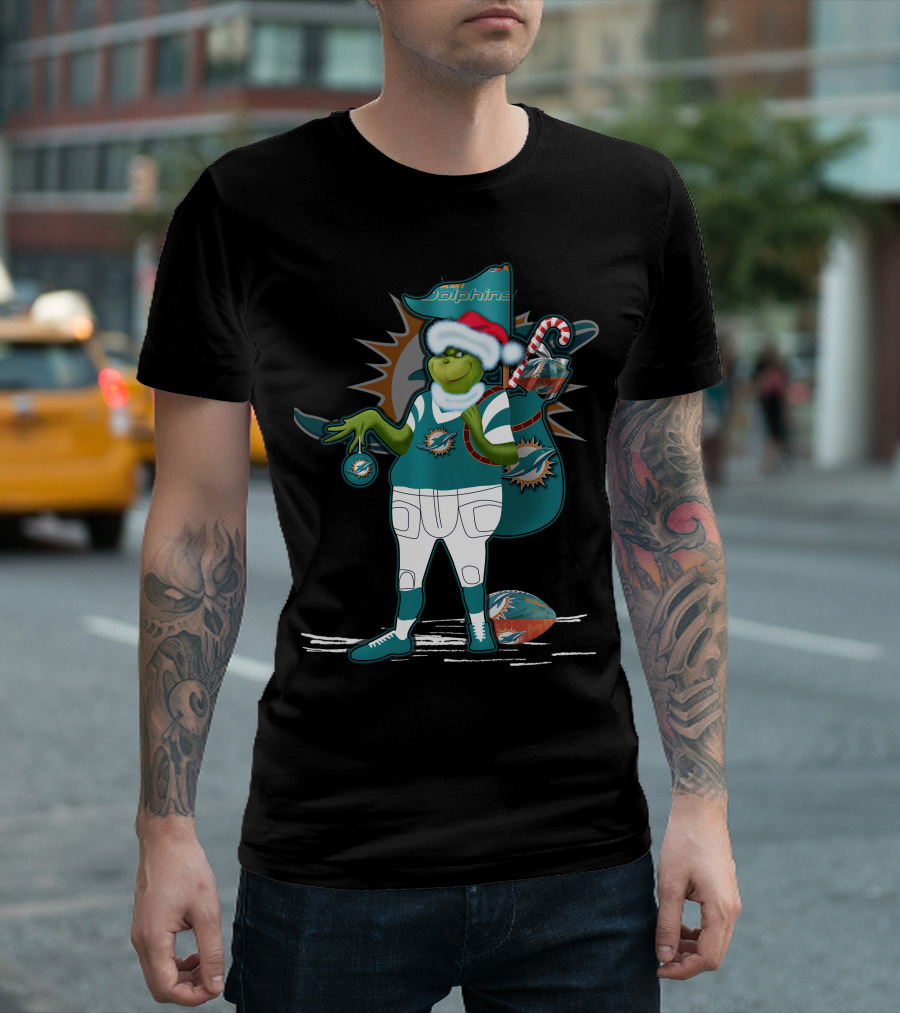 Grinchxmas Miami Dolphins Holiday Grinch with Football and Ornament Santa Hat T-Shirt
