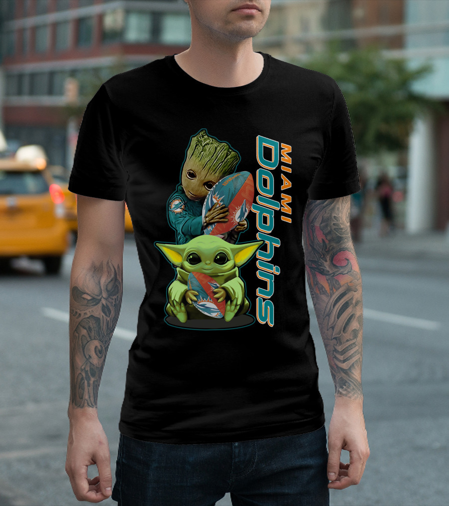 Grzd Miami Dolphins Groot and Baby Yoda Football T-Shirt