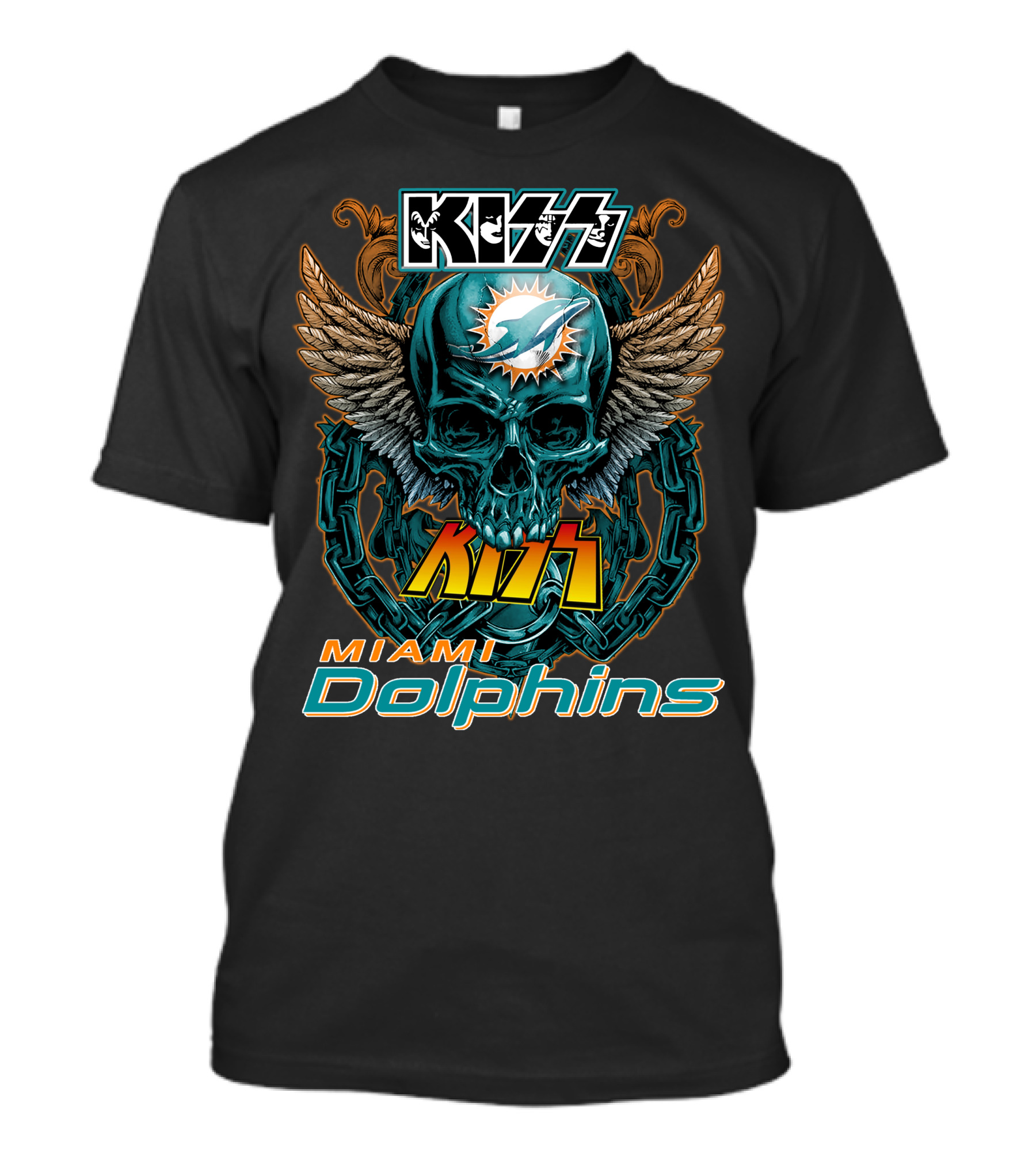 Kiss Miami Dolphins Skull Art With Wings And Chains T-Shirt