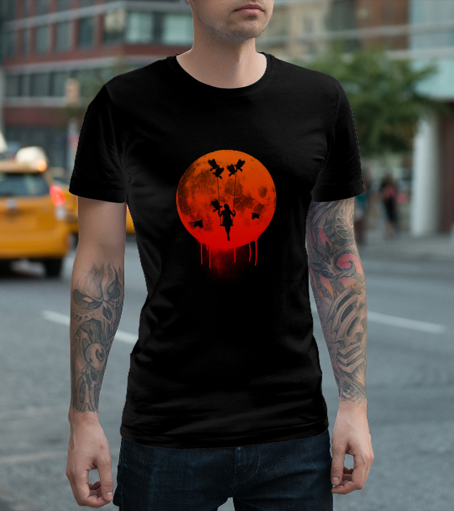 Silhouette of Woman with Birds Against Dripping Red Full Moon Background T-Shirt