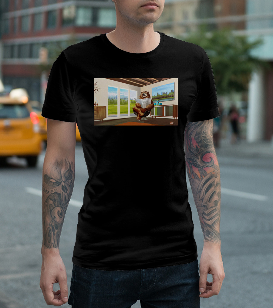 California Modern Bear in Mid-Century Lounge with Skyline Views T-Shirt