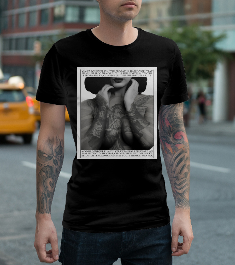Angel with Latin Script Overlay and Winged Figure Tattoo T-Shirt