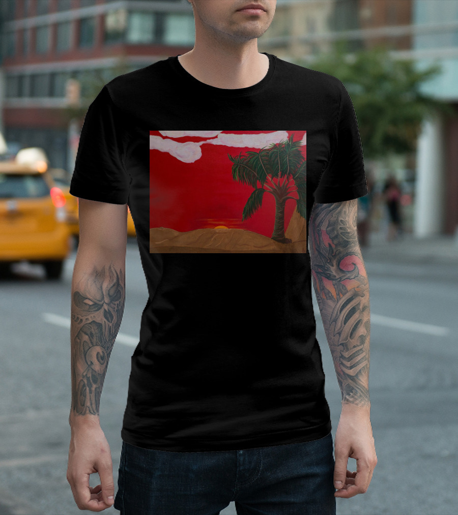 Saharan Sunrise with Palm Tree and Red Sky T-Shirt