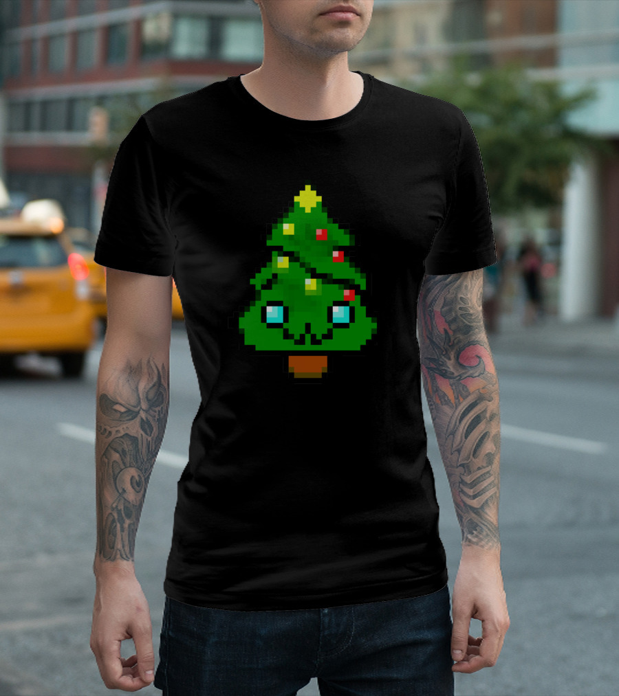 Chrismas Tree Pixel Art Cute Kawaii Face T-Shirt