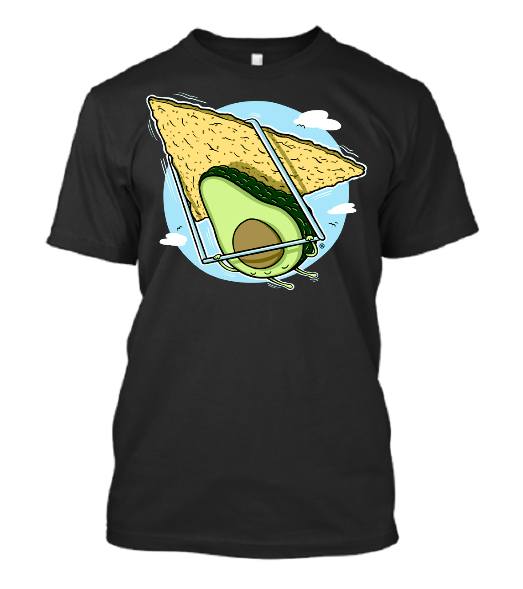 Avocado Flying With Tortilla Chip Swing Cartoon T-Shirt