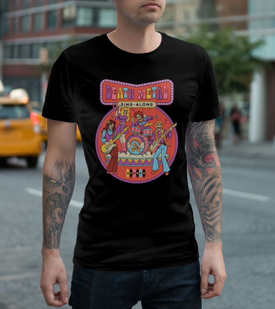Death Metal Sing Along Retro Skeleton Rock Band Stereo Music T-Shirt