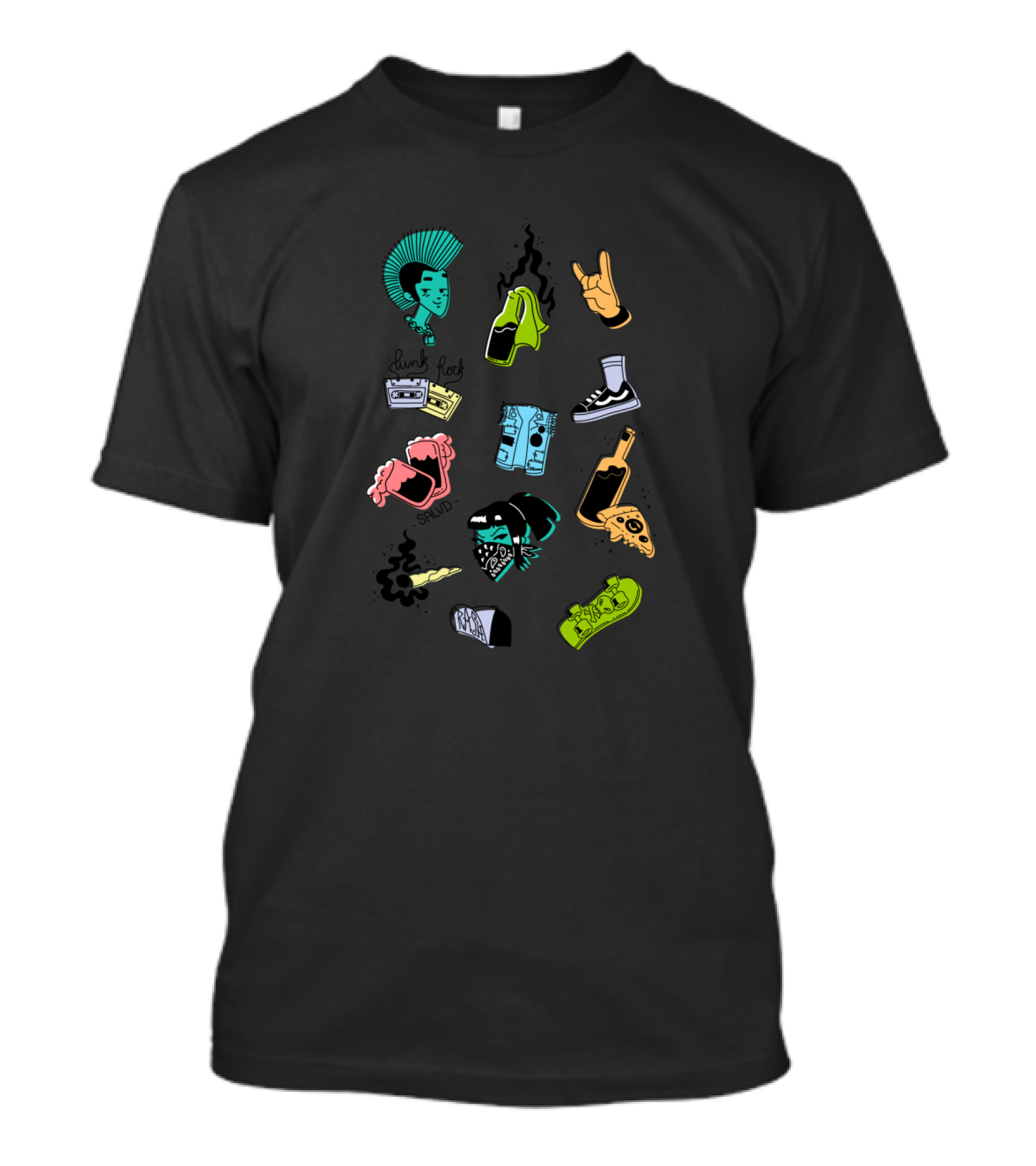 Punk Rock Symbols Cassette Tape Mohawk Sneakers Hand Gesture Pizza Bandana T-Shirt
