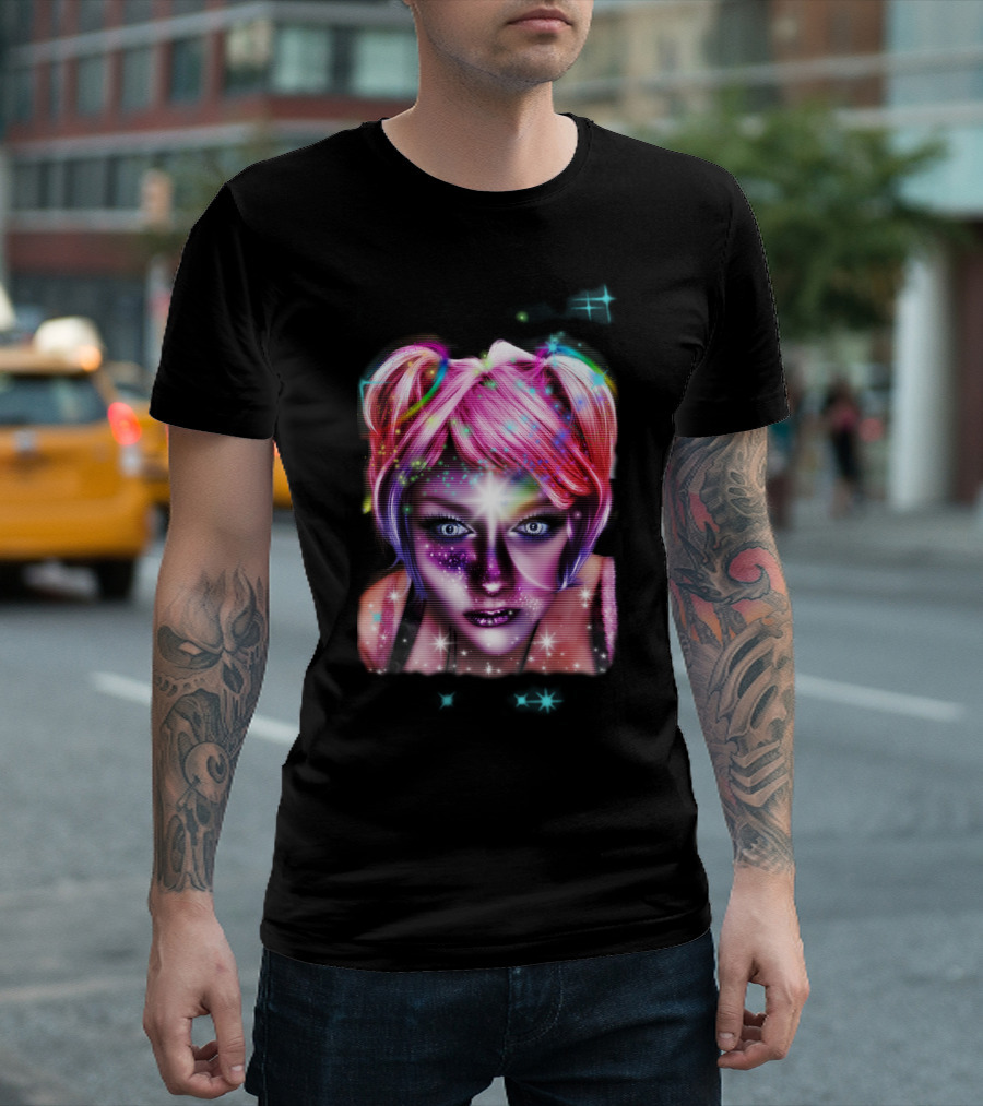 Psychedelic Neon Cosmic Punk Starburst и Model with Pink Hair and Futuristic Makeup T-Shirt