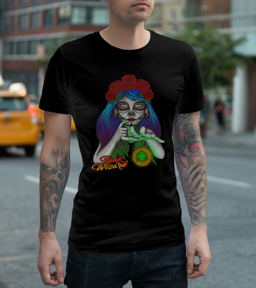 Punk Wizard Sugar Skull Woman with Roses and Magical Orb T-Shirt