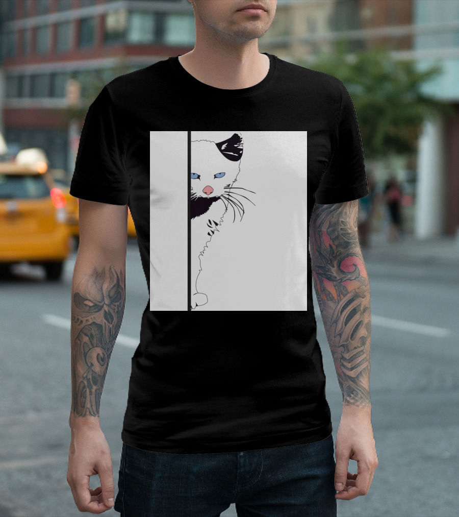 Punk Cat Illustration With Black And White Design And Blue Eyes T-Shirt
