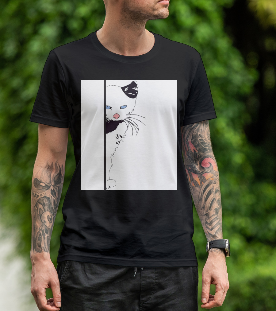 Punk Cat Illustration With Black And White Design And Blue Eyes T-Shirt
