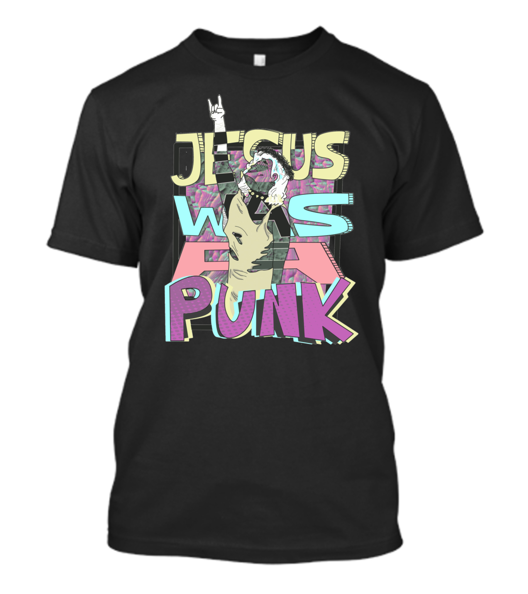 Jesus Was A Punk Graphic With Hand Sign And Retro Lettering T-Shirt