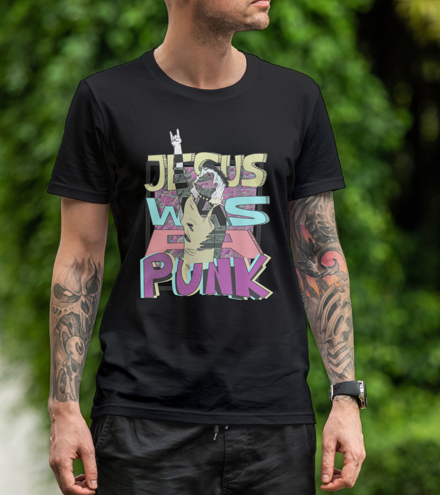 Jesus Was A Punk Graphic With Hand Sign And Retro Lettering T-Shirt