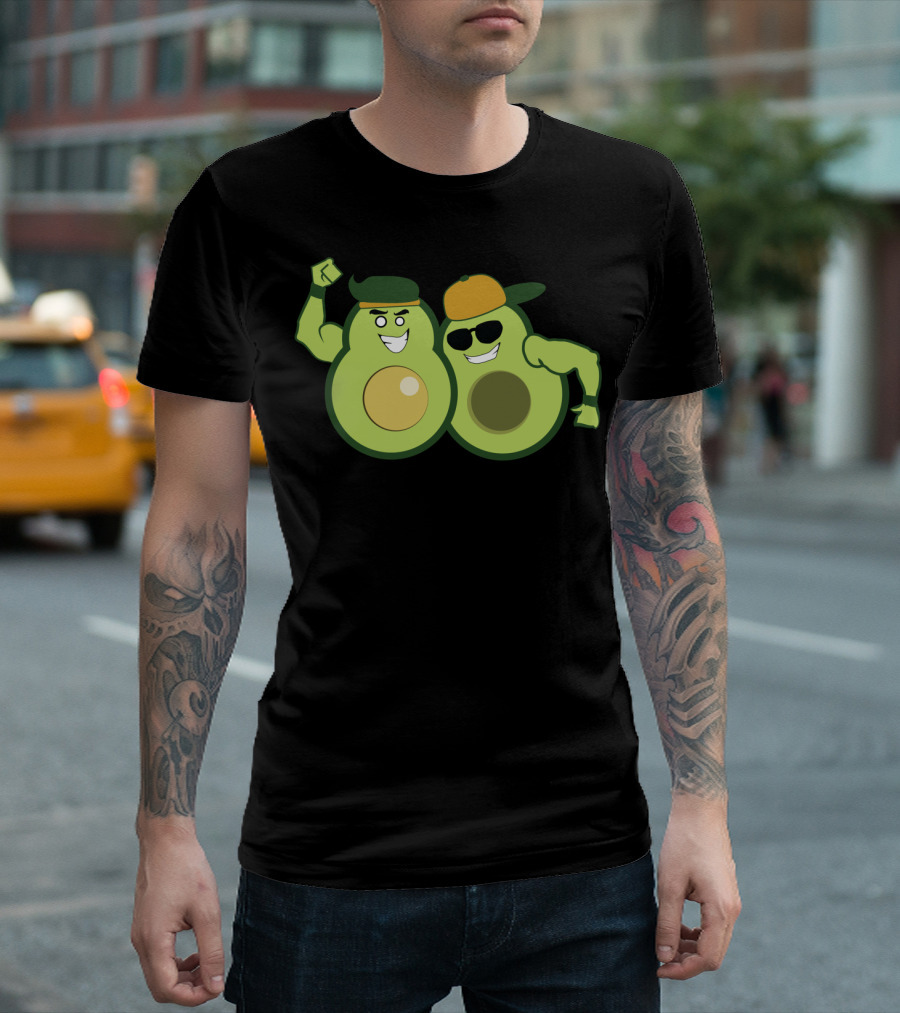 AvocaBROS Fun Cartoon Style Avocado Duo with Caps and Sunglasses T-Shirt