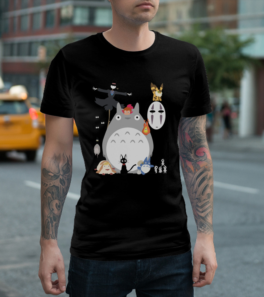 Ghibli Friends Totoro No-Face Jiji Catbus Calcifer Kodama Characters T-Shirt