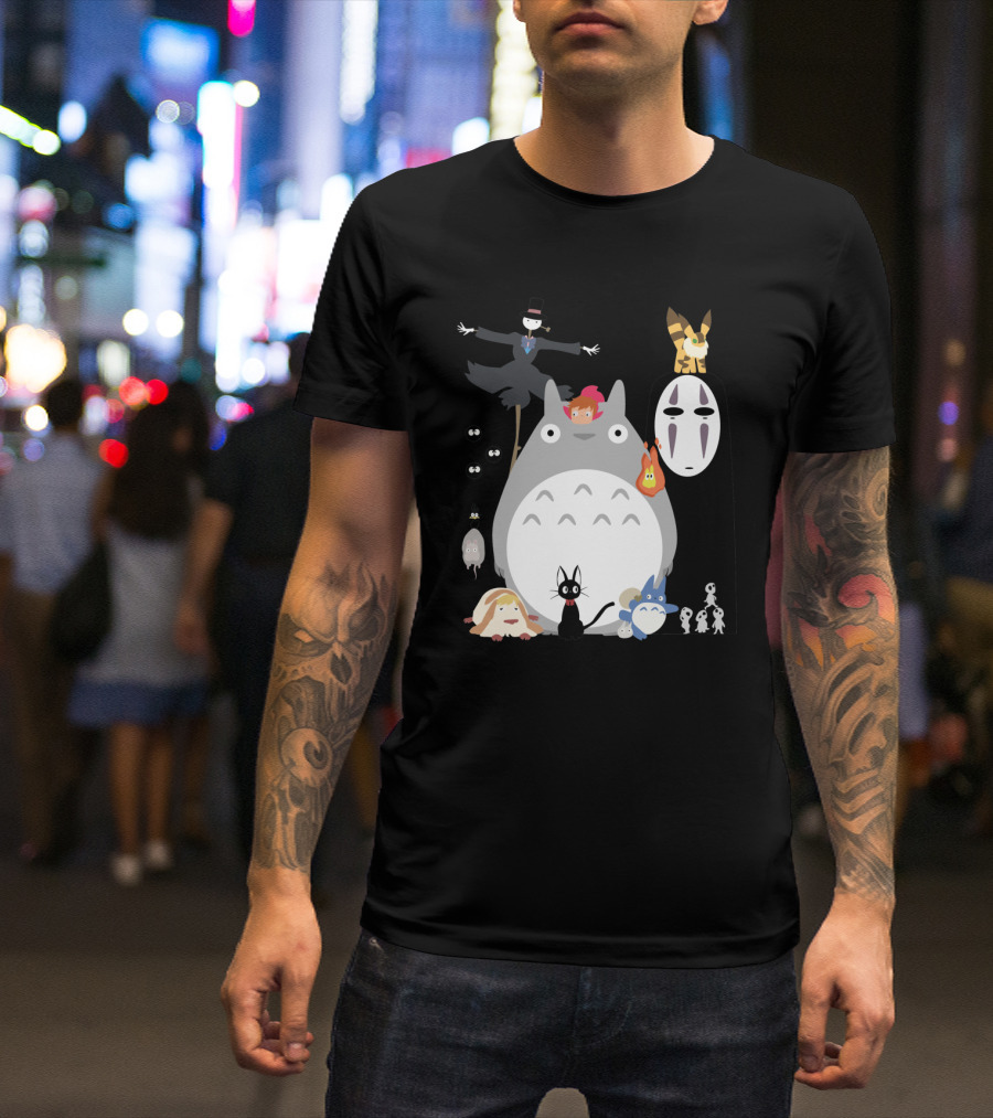 Ghibli Friends Totoro No-Face Jiji Catbus Calcifer Kodama Characters T-Shirt