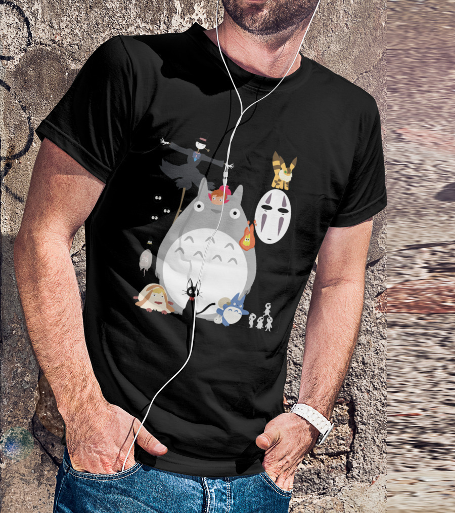 Ghibli Friends Totoro No-Face Jiji Catbus Calcifer Kodama Characters T-Shirt