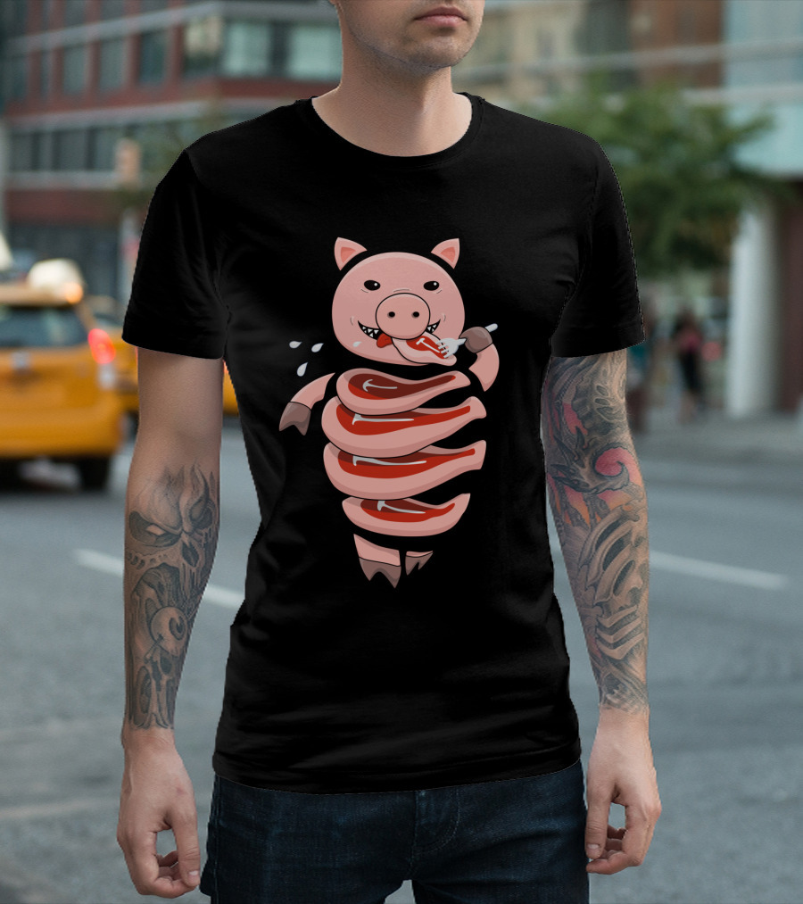 Funny Hungry Pig With Meat Spiral And Playful Face T-Shirt