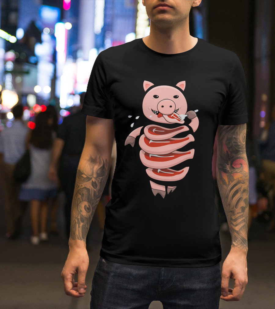 Funny Hungry Pig With Meat Spiral And Playful Face T-Shirt