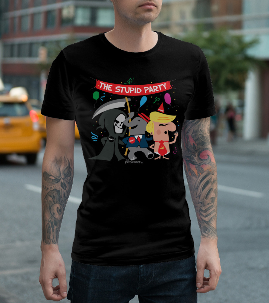 Grim Reaper Elephant Duke Cartoon Characters at The Stupid Party with Balloons and Confetti T-Shirt