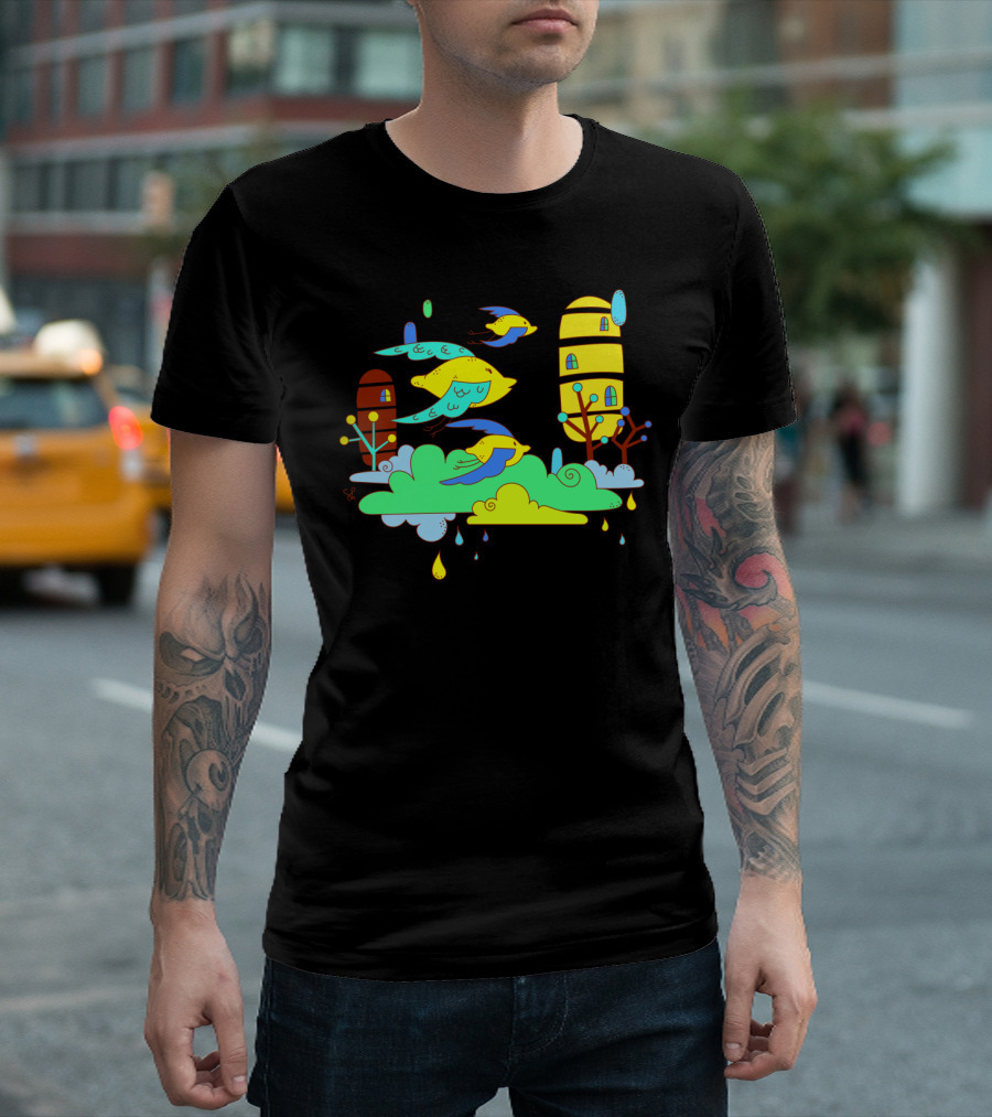 Colorful Lemon Bird Flight with Quirky Whimsical Houses T-Shirt