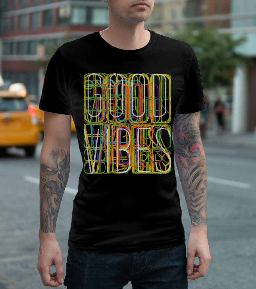Good Vibes Neon Lights Colorful Overlapping Text T-Shirt