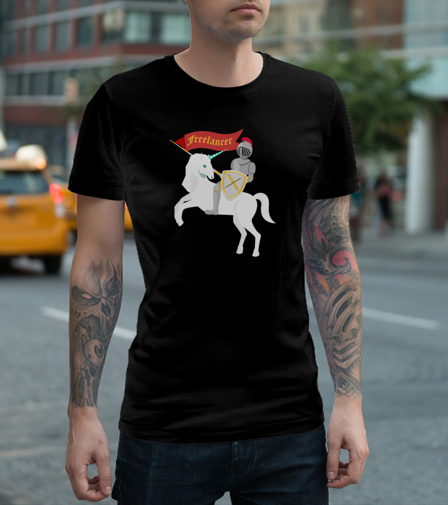 Medieval Knight Riding a Unicorn with Freelancer Banner T-Shirt