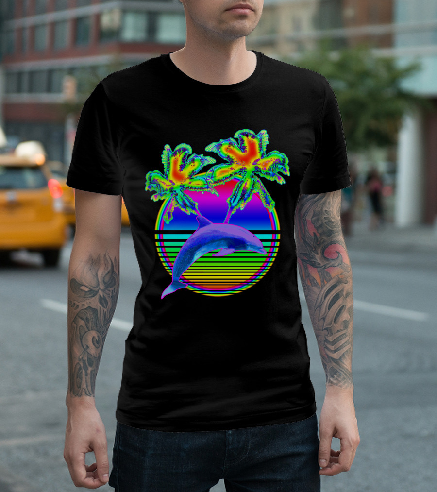 Neon Dolphin Retro Palm Trees Sunset Vibes T-Shirt