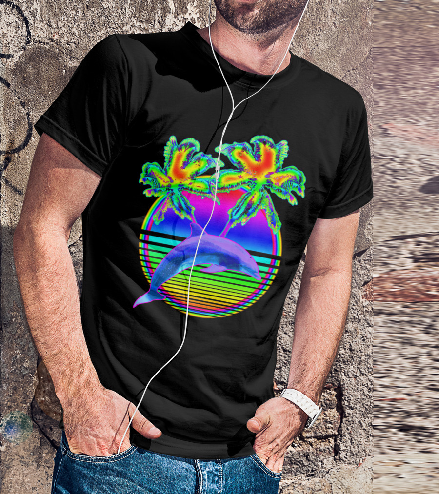 Neon Dolphin Retro Palm Trees Sunset Vibes T-Shirt