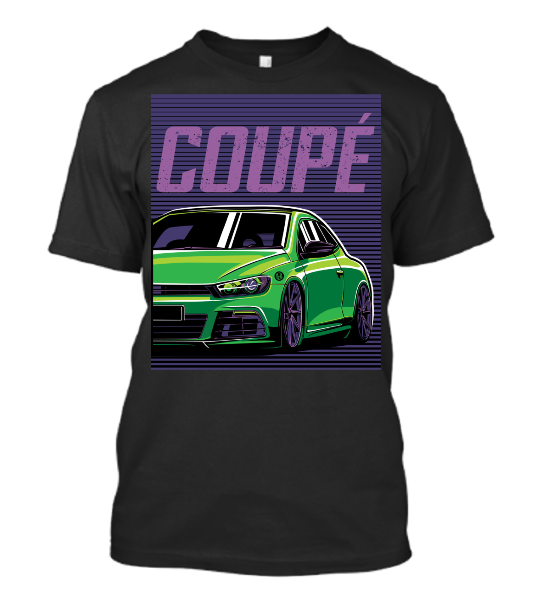 Volkswagen Scirocco Coupe Green Car Illustration Bold Purple Text T-Shirt