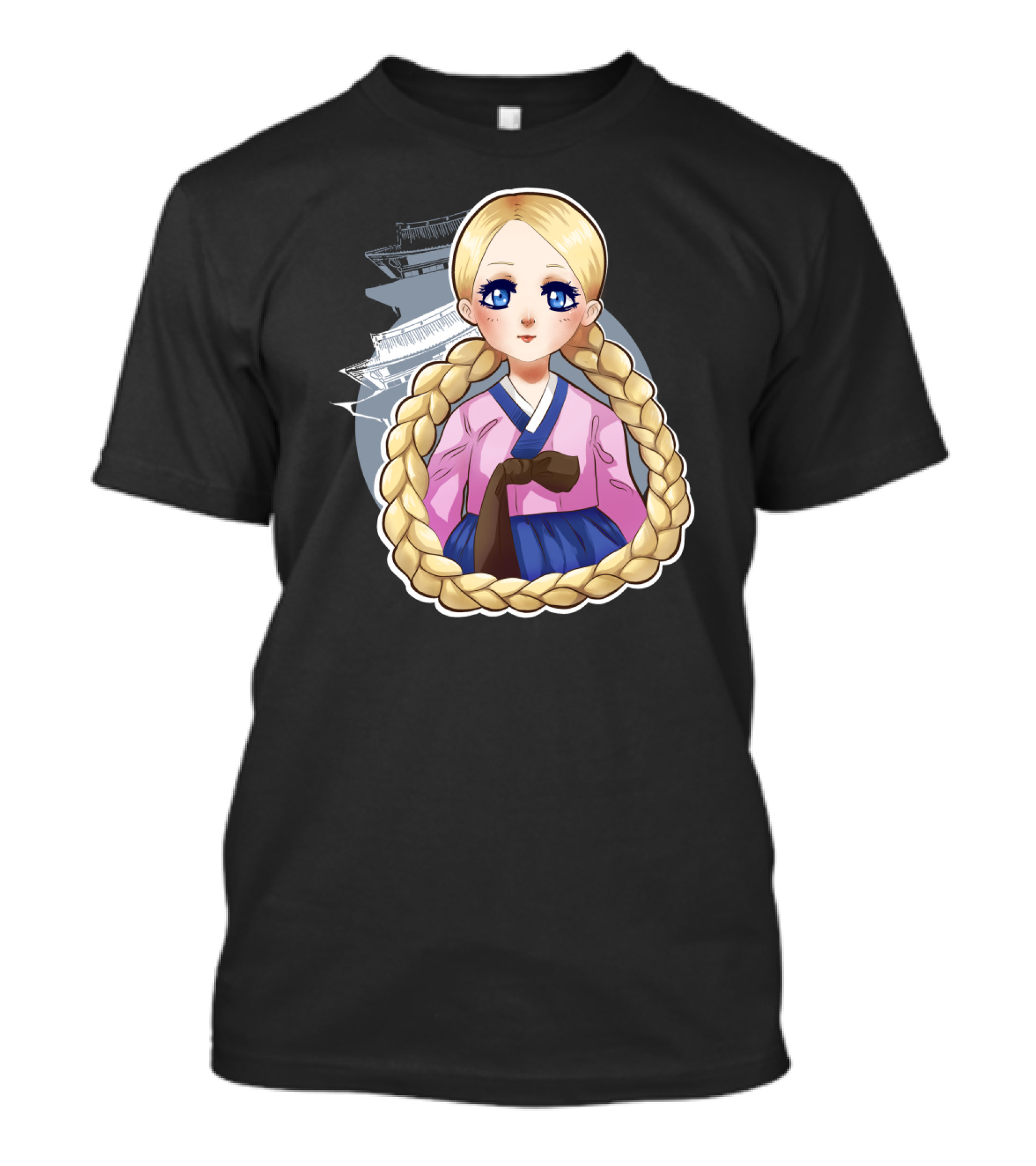 Rapunzel Character In Hanbok With Braids And Traditional Building Background T-Shirt