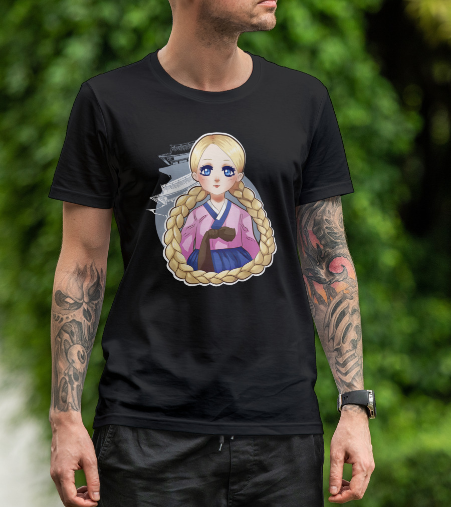 Rapunzel Character In Hanbok With Braids And Traditional Building Background T-Shirt