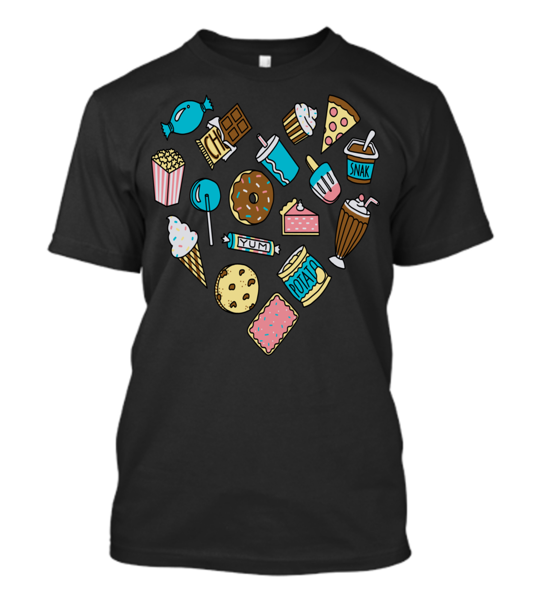 Yum Snacks: Candy, Popcorn, Milkshake, Ice Cream, Chocolate In Sweet Heart Shape T-Shirt